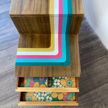 Load image into Gallery viewer, retro sewing box upcycled with pink blue white and yellow retro stripes
