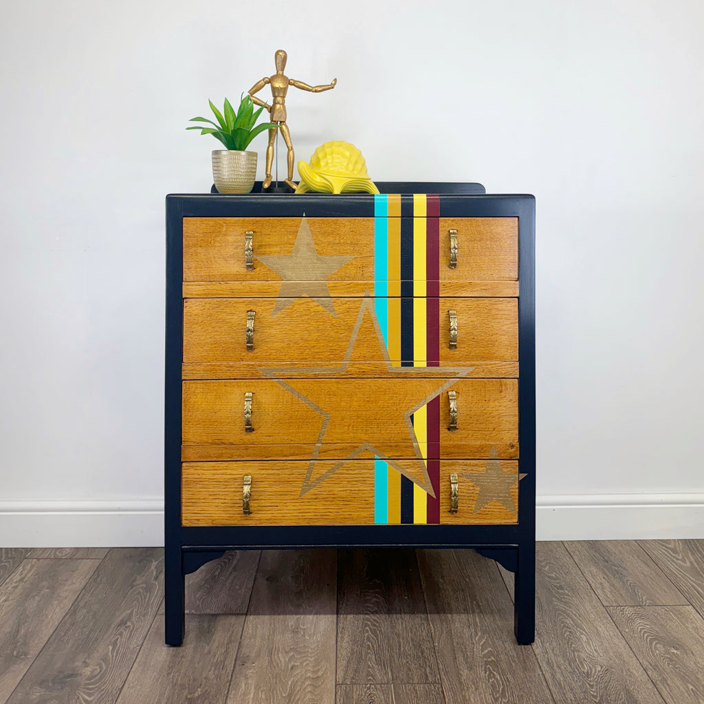 Upcycled lebus mid century drawers in retro stripes and gold stars