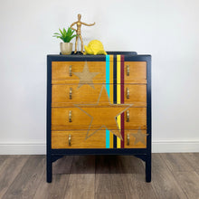 Load image into Gallery viewer, Upcycled lebus mid century drawers in retro stripes and gold stars
