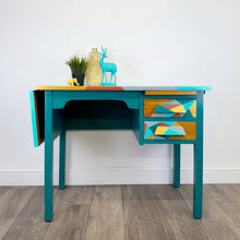 Load image into Gallery viewer, mid century school desk upcycled in blue and gold geometric design
