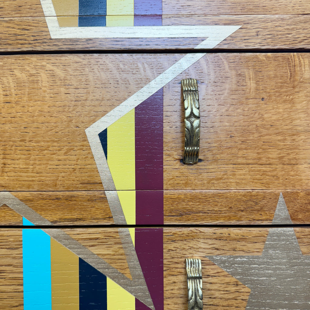 Upcycled lebus mid century drawers in retro stripes and gold stars