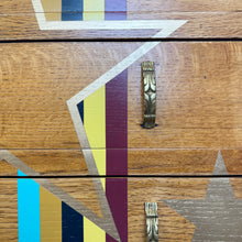 Load image into Gallery viewer, Upcycled lebus mid century drawers in retro stripes and gold stars
