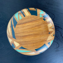 Load image into Gallery viewer, vintage wooden bowl handpainted with a gold and blue geometric design
