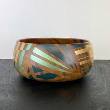 Load image into Gallery viewer, vintage wooden bowl handpainted with a gold and blue geometric design
