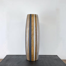 Load image into Gallery viewer, upcycled woodne vase painted in black grey and silver stripes

