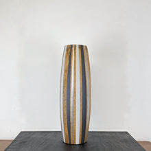 Load image into Gallery viewer, upcycled woodne vase painted in black grey and silver stripes
