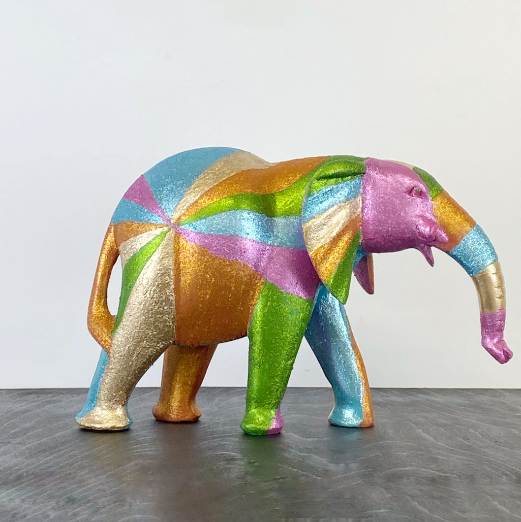 wooden elephant handpainted in glitter rainbow design