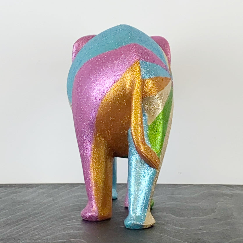 wooden elephant handpainted in glitter rainbow design