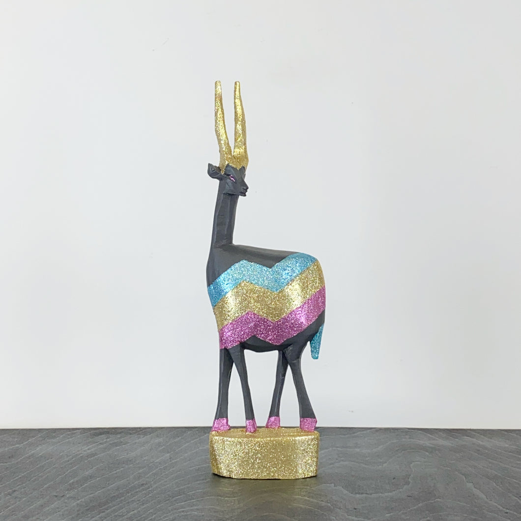 teak stag handpainted in blue gold and pink glitter stripes