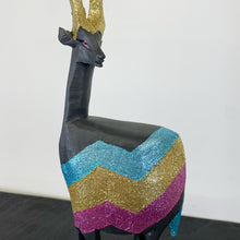 Load image into Gallery viewer, teak stag handpainted in blue gold and pink glitter stripes
