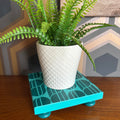Handpainted reclaimed wooden plant stand displaying a houseplant on a colourful handmade wooden riser made from reclaimed wood.