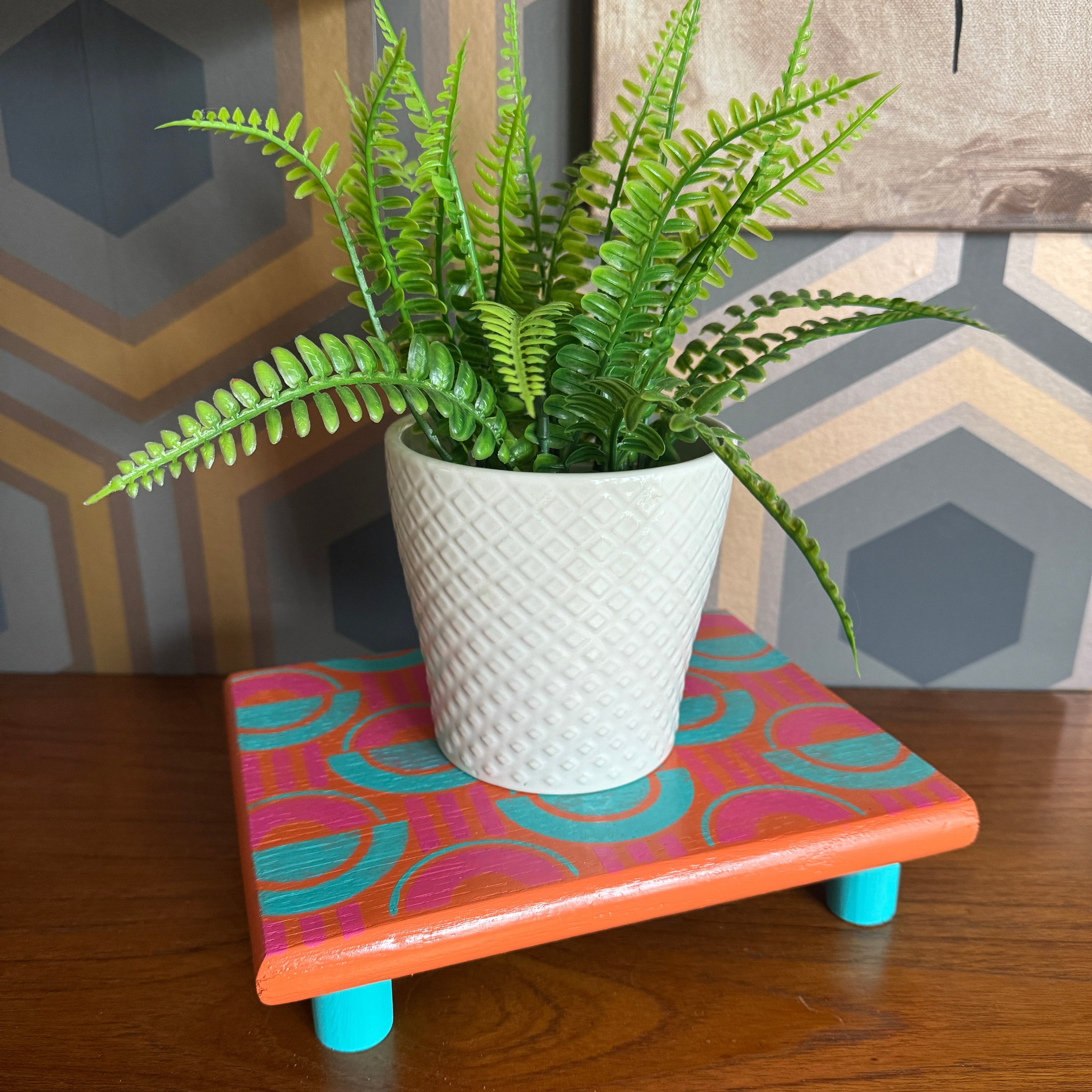 Handpainted reclaimed wooden plant stand displaying a houseplant on a colourful handmade wooden riser made from reclaimed wood.