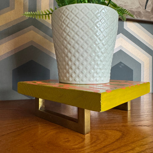 Handpainted reclaimed wooden plant stand displaying a houseplant on a colourful handmade wooden riser made from reclaimed wood.