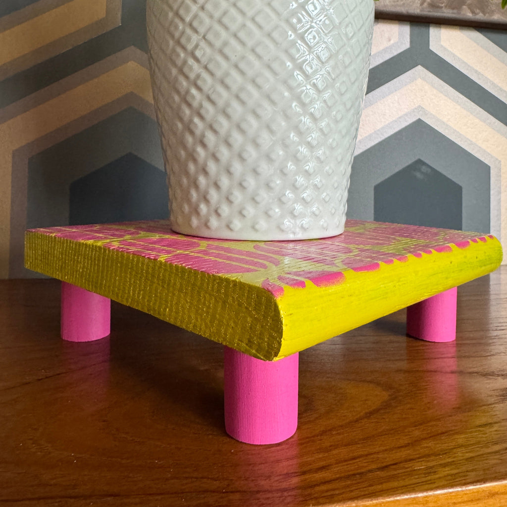 Handpainted reclaimed wooden plant stand displaying a houseplant on a colourful handmade wooden riser made from reclaimed wood.