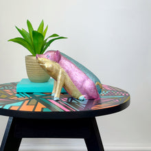 Load image into Gallery viewer, handpainted wooden pig with gold blue pink glitter stripes upcycled
