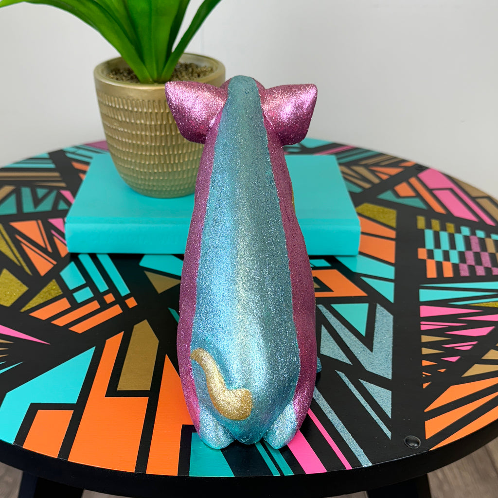 handpainted wooden pig with gold blue pink glitter stripes upcycled