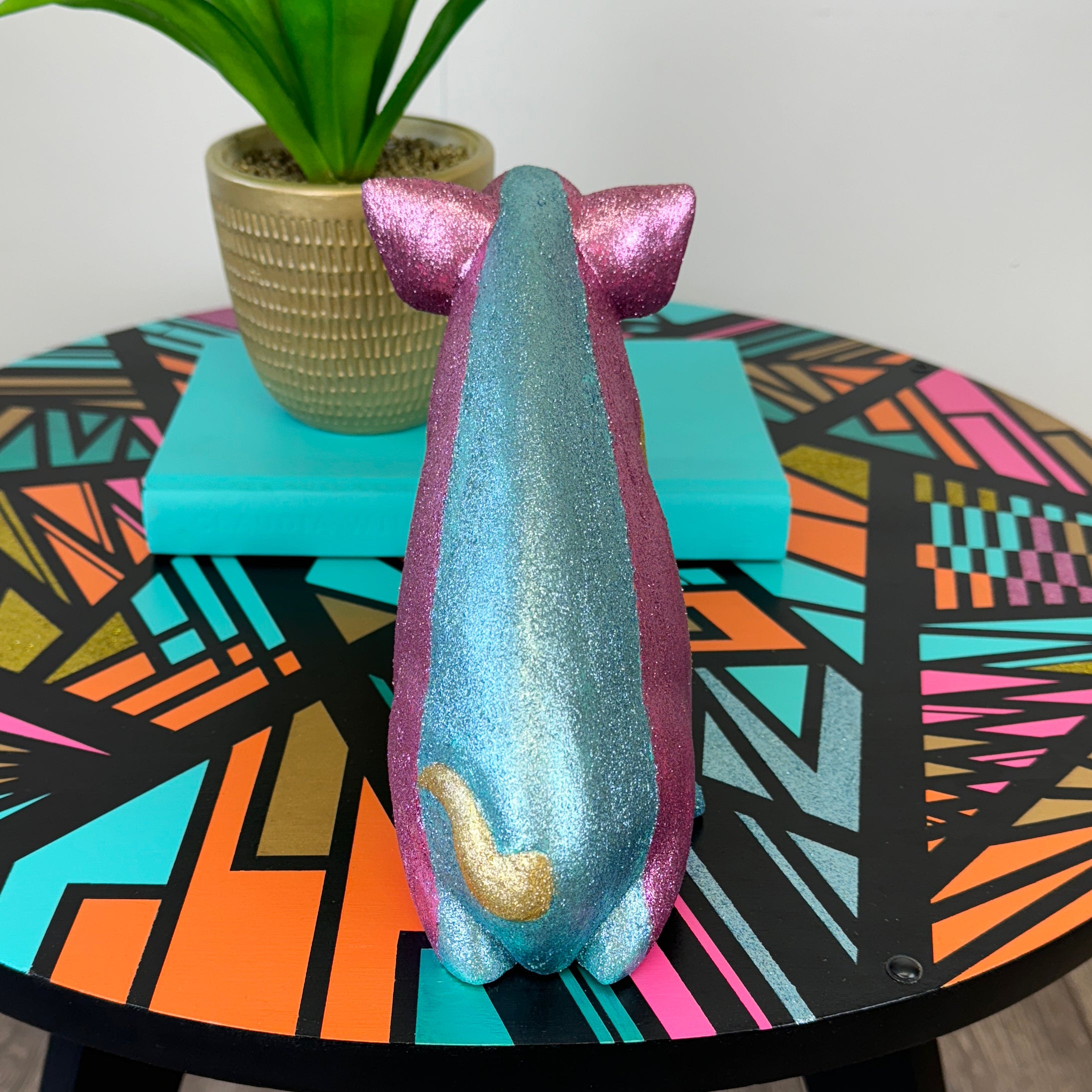 handpainted wooden pig with gold blue pink glitter stripes upcycled