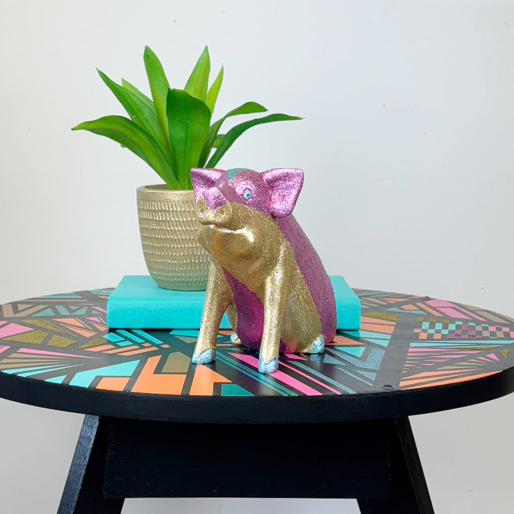 handpainted wooden pig with gold blue pink glitter stripes upcycled