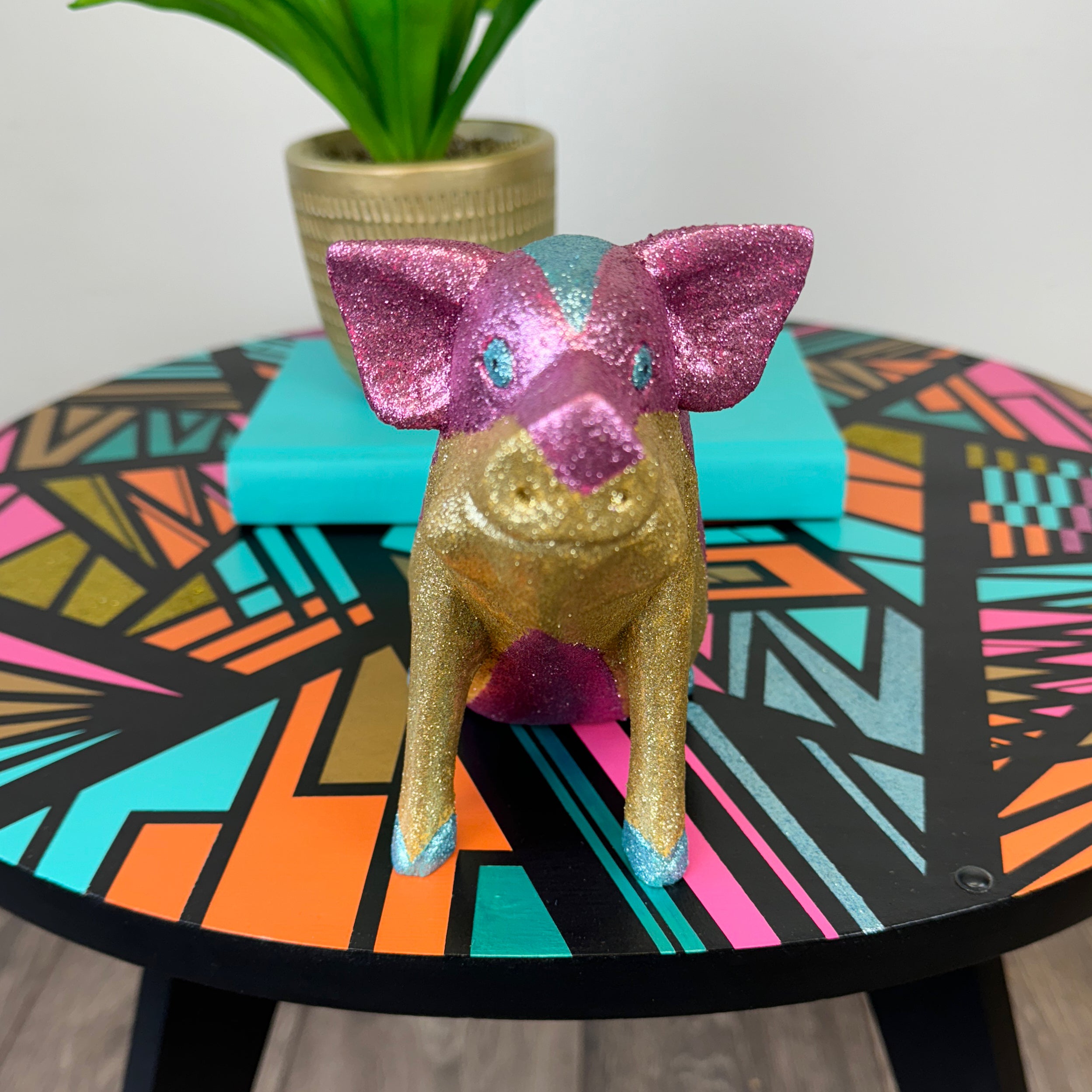handpainted wooden pig with gold blue pink glitter stripes upcycled