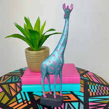 Load image into Gallery viewer, handpainted wooden giraffe in blue and pink glitter upcycled
