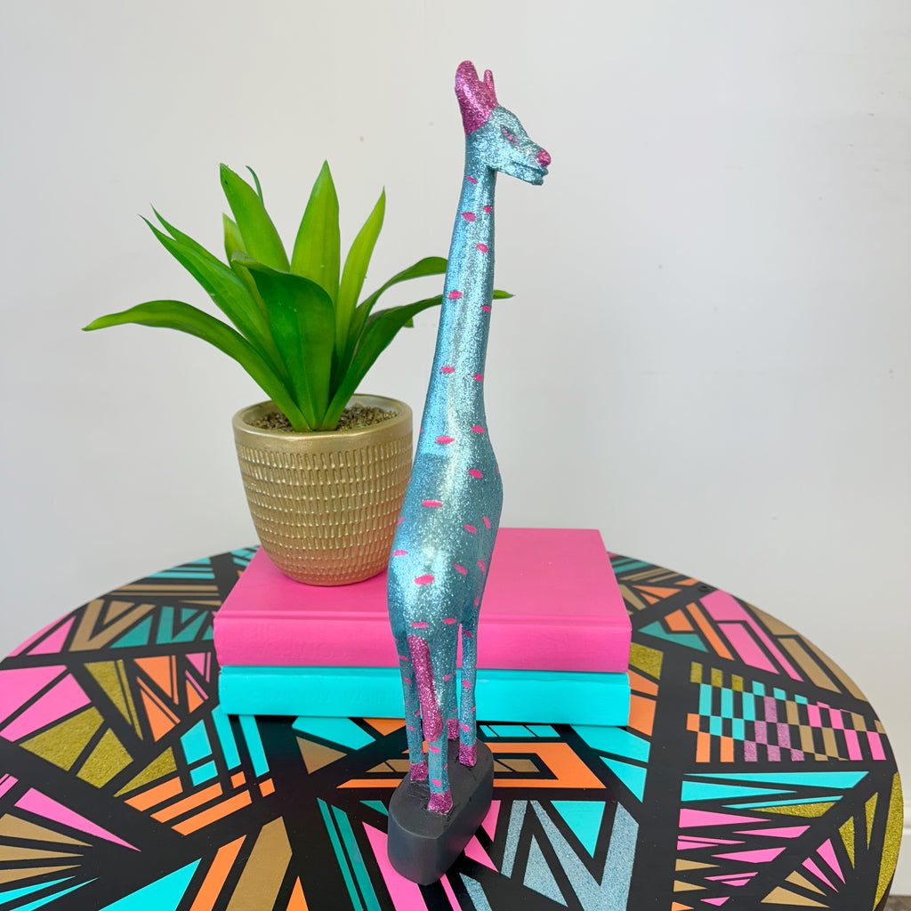handpainted wooden giraffe in blue and pink glitter upcycled