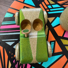 Load image into Gallery viewer, handpainted wooden toy car with green and gold glitter upcycled
