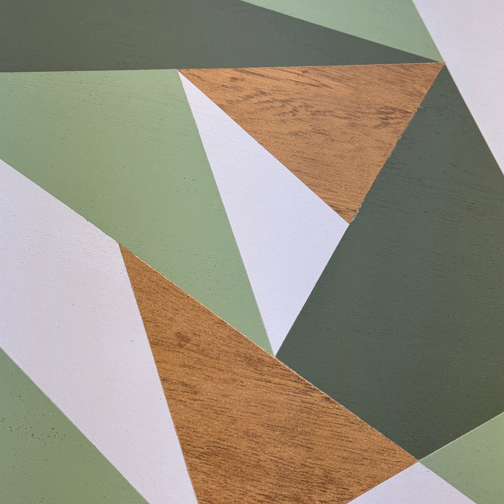 solid oak side table painted in green, grey and gold geometric design
