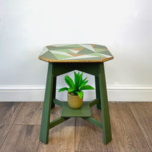 Load image into Gallery viewer, solid oak side table painted in green, grey and gold geometric design
