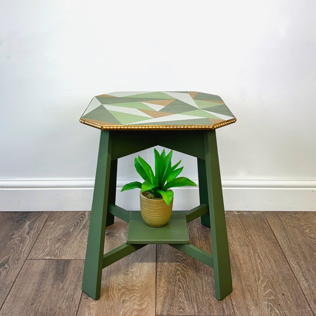 solid oak side table painted in green, grey and gold geometric design