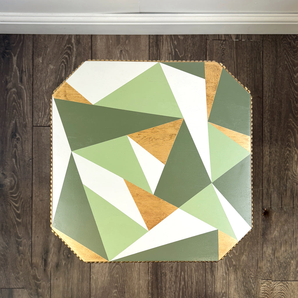 solid oak side table painted in green, grey and gold geometric design