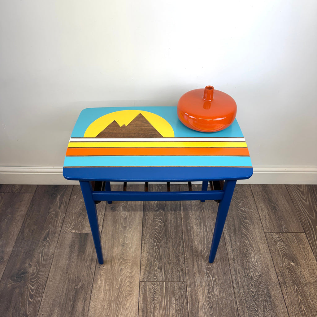 Upcycled Hand-Painted Side Table | Retro Geometric Mountain Design | Colourful Mid-Century Furniture