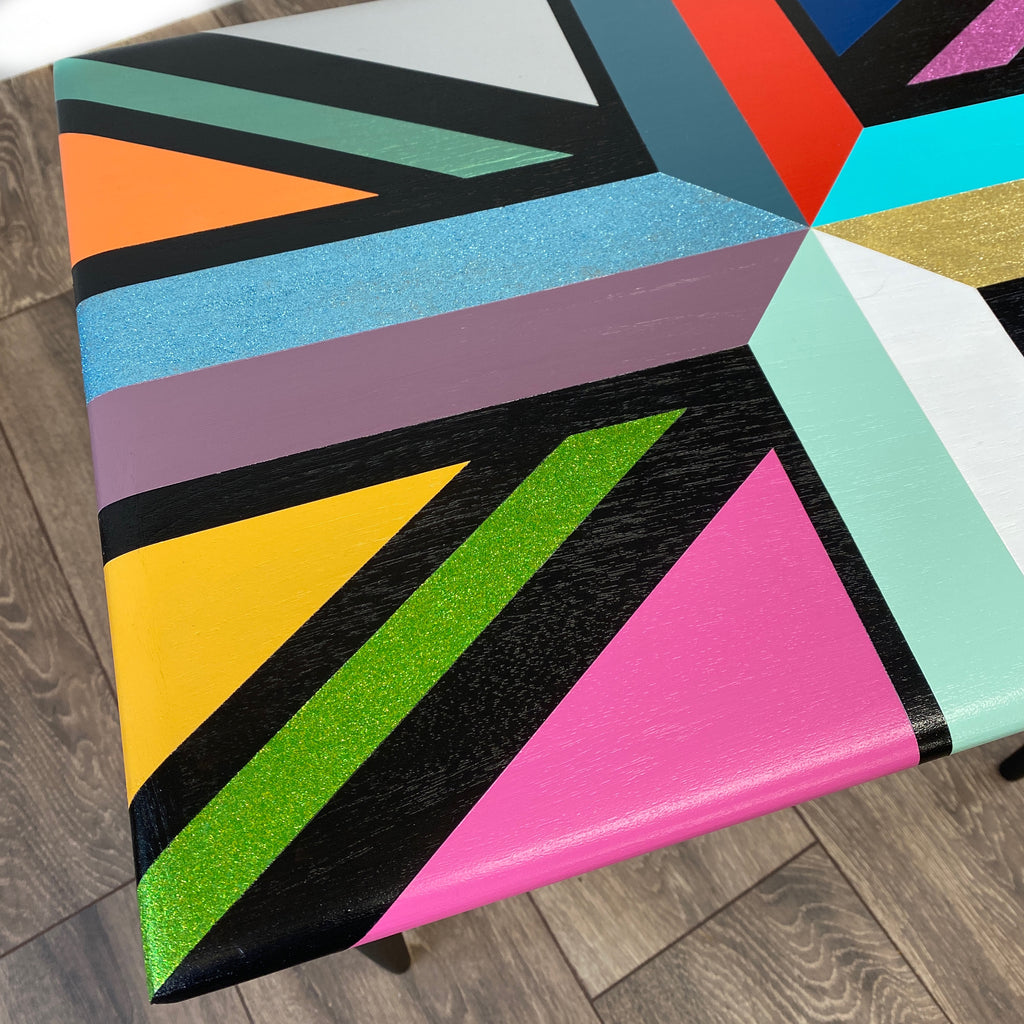 Union jack design painted table in right colours and glitter