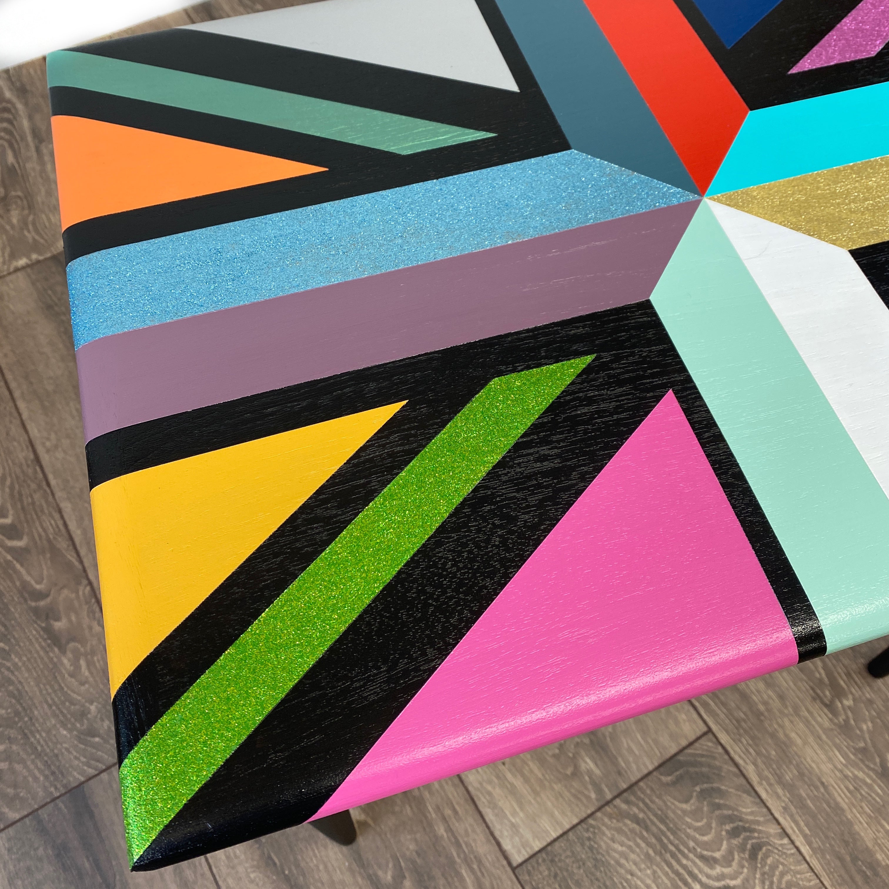 Union jack design painted table in right colours and glitter