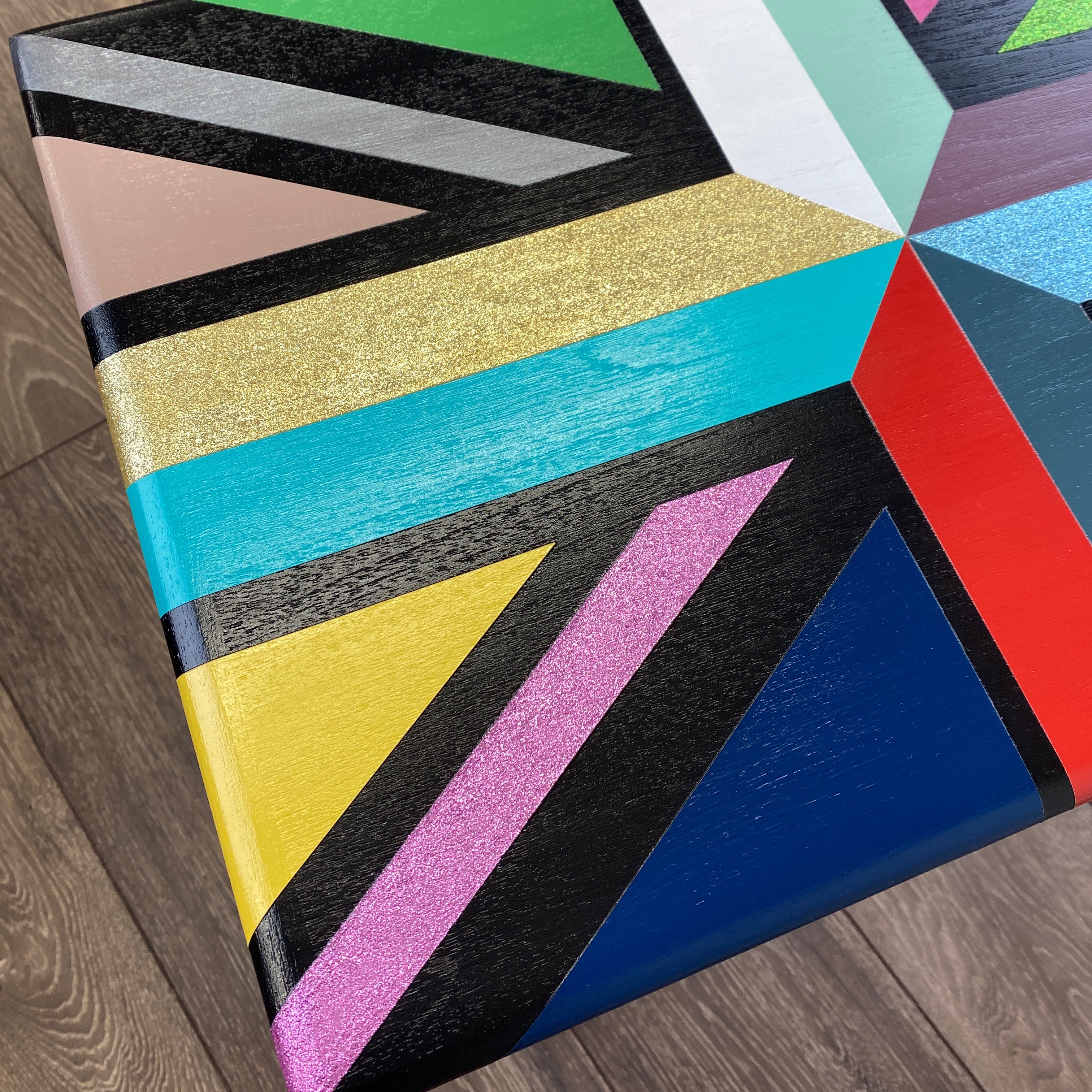 Union jack design painted table in right colours and glitter