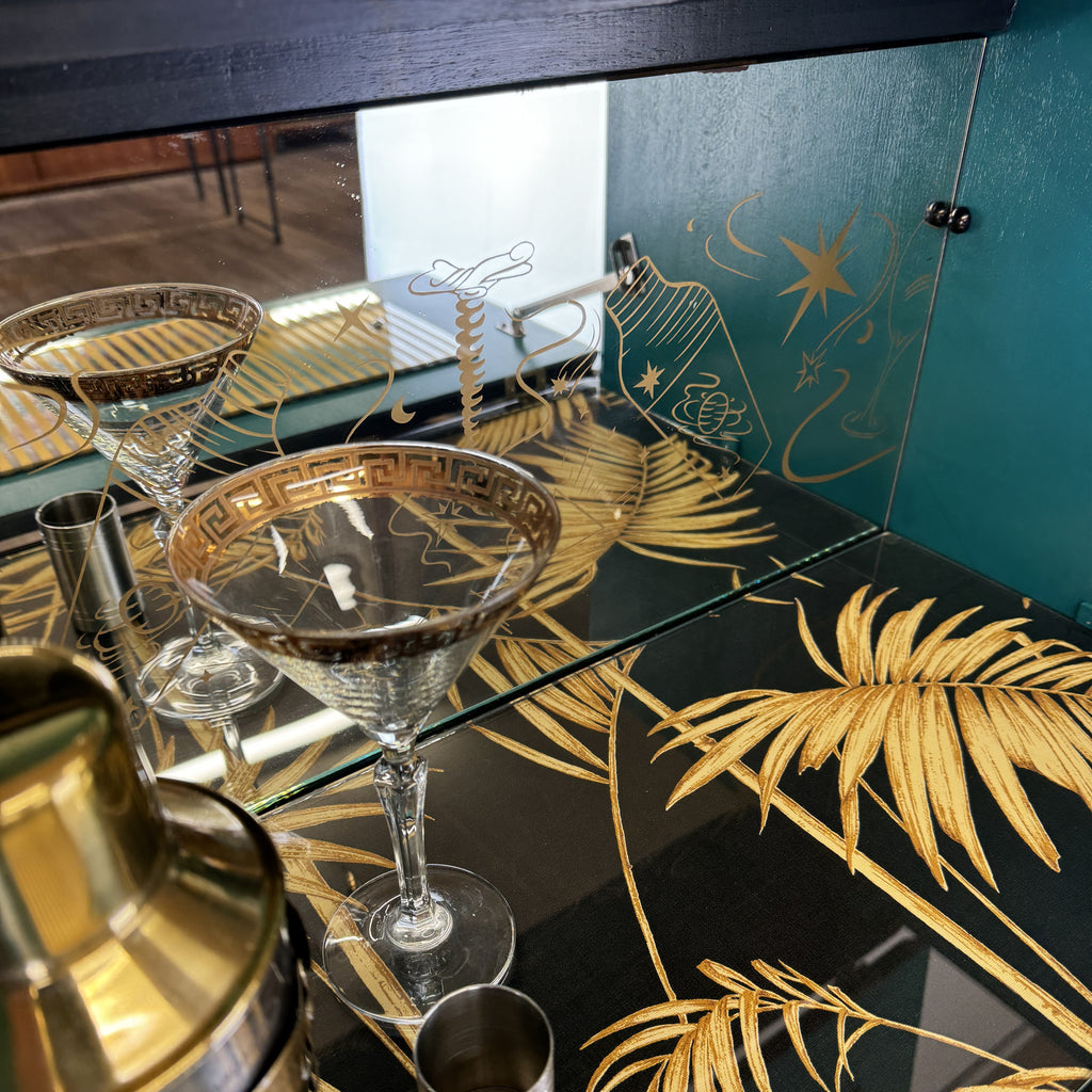 vintage upcycled drinks cabinet in black and gold