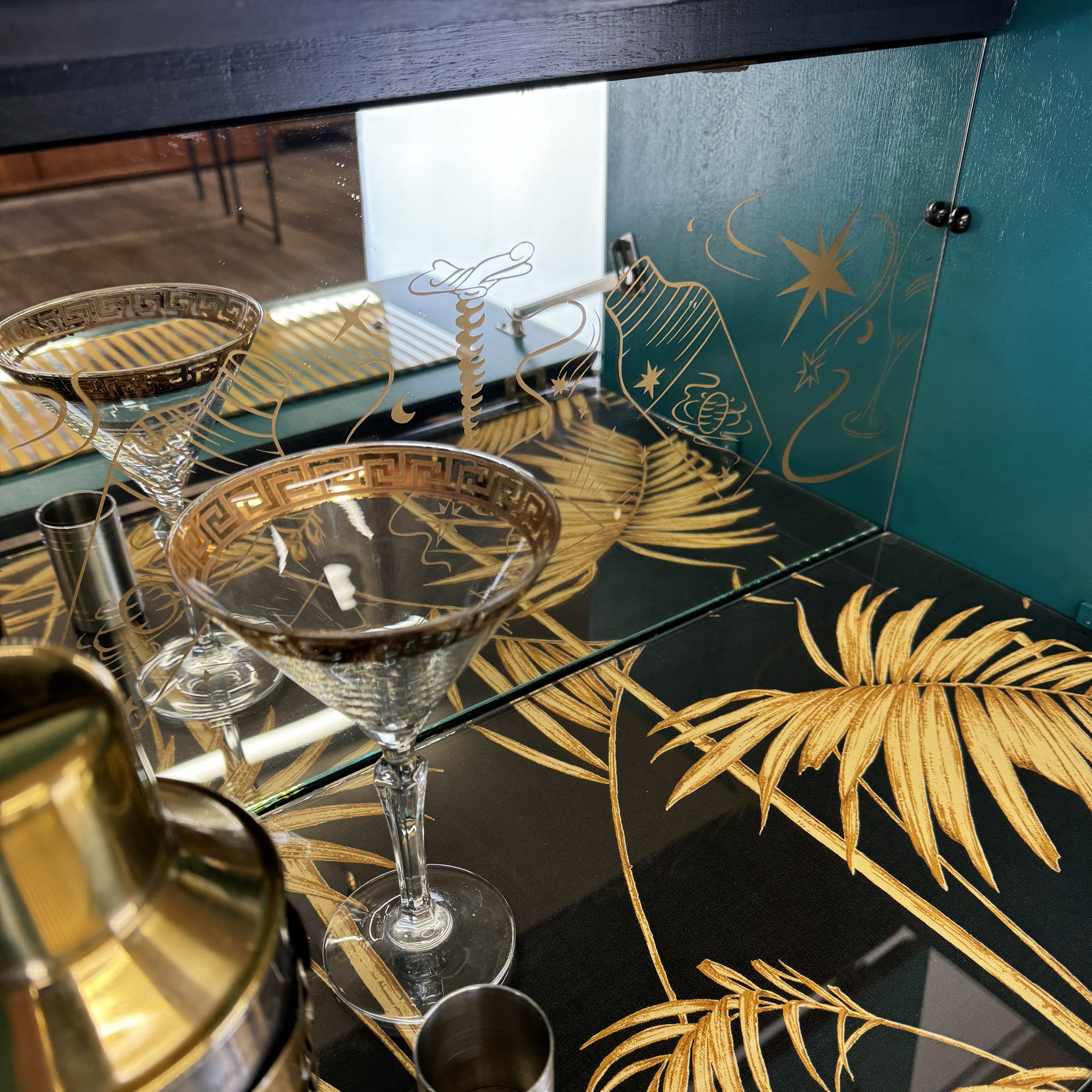 vintage upcycled drinks cabinet in black and gold