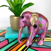 Load image into Gallery viewer, Pink gold and green glitter painted wooden elephant
