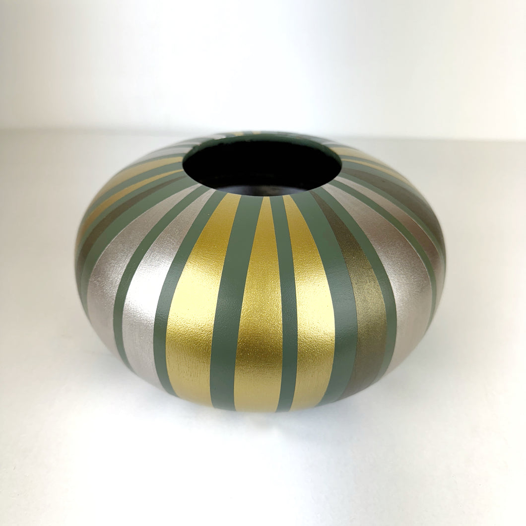 handpainted upcycled wooden bowl in sage green with gold striped design