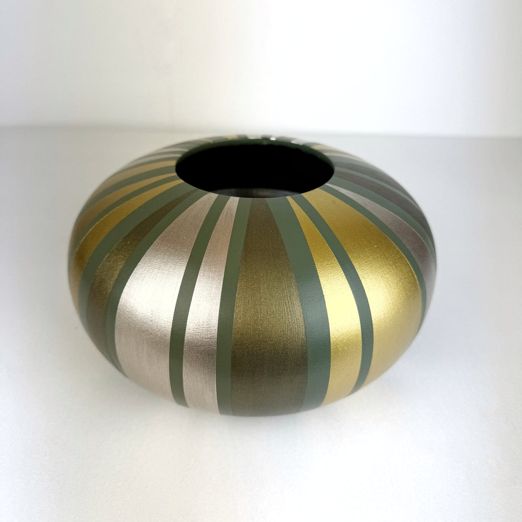 handpainted upcycled wooden bowl in sage green with gold striped design