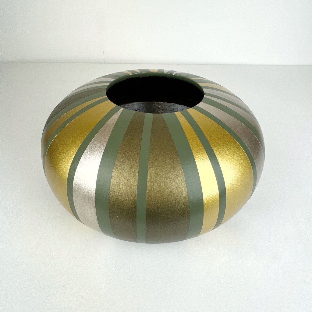 handpainted upcycled wooden bowl in sage green with gold striped design