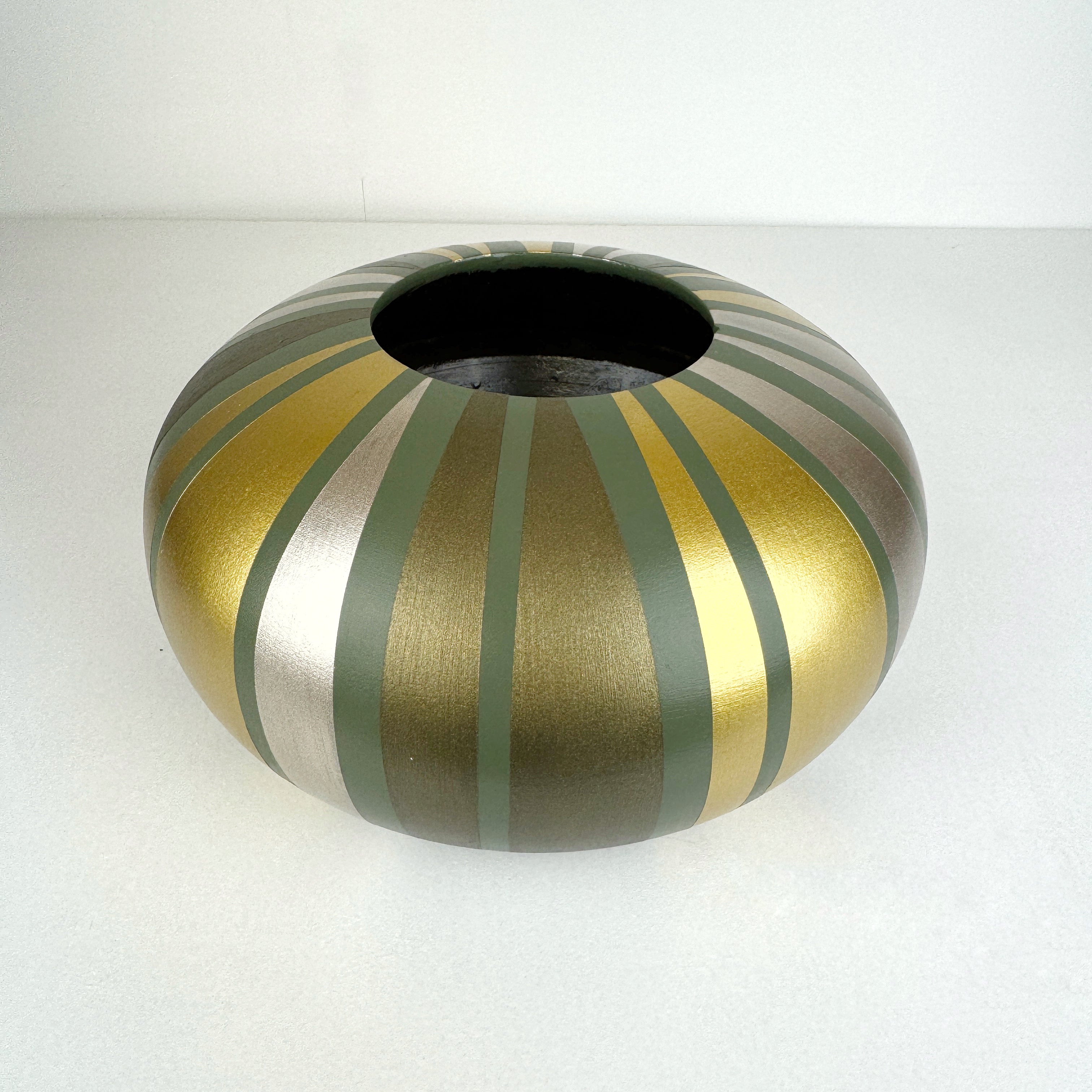 handpainted upcycled wooden bowl in sage green with gold striped design