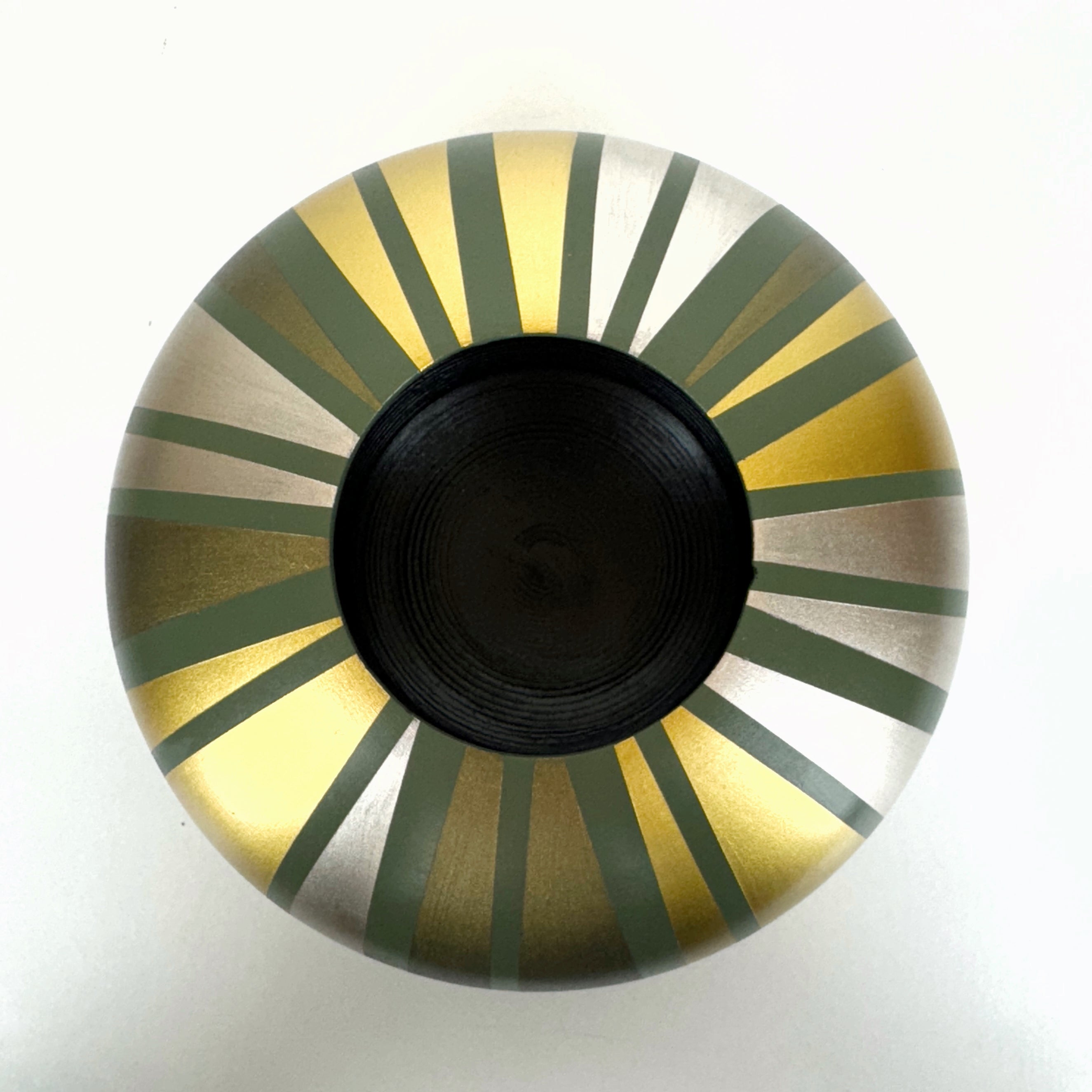 handpainted upcycled wooden bowl in sage green with gold striped design