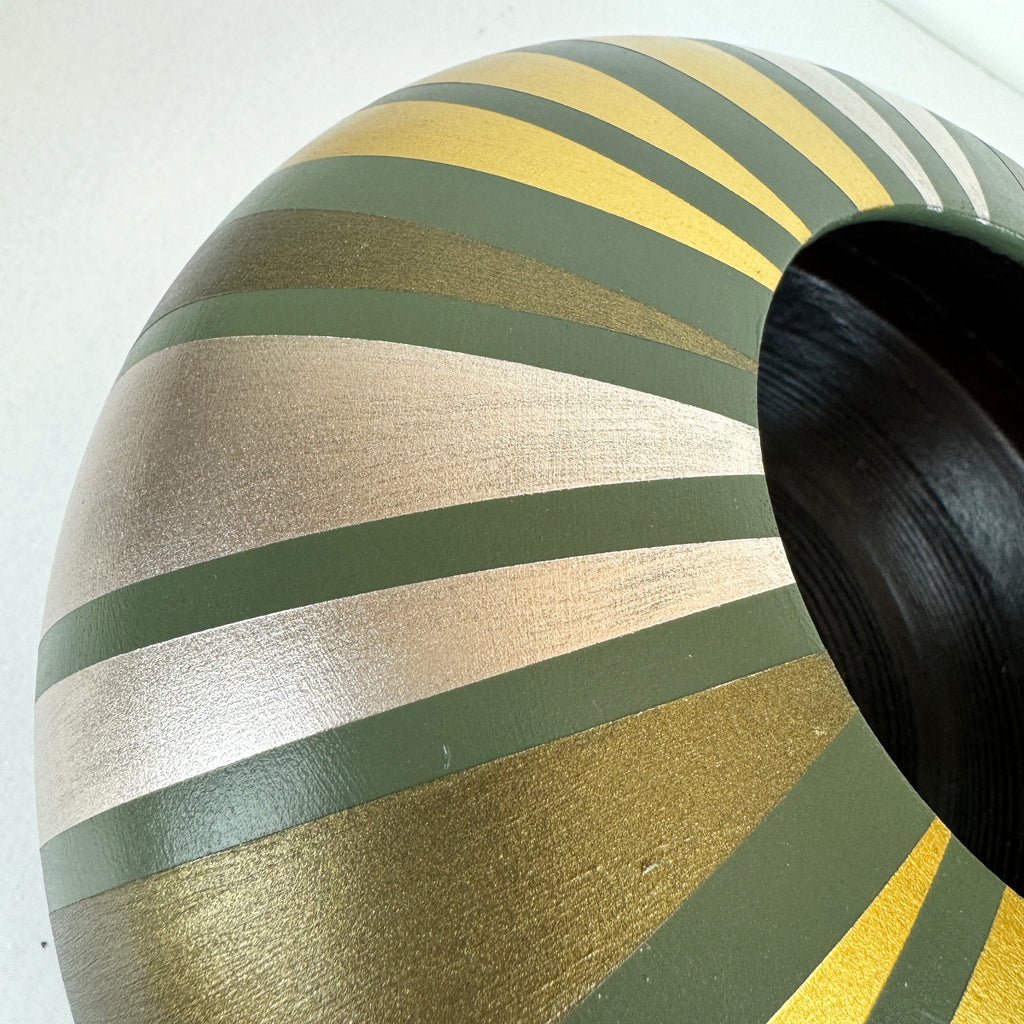 handpainted upcycled wooden bowl in sage green with gold striped design