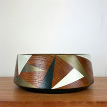 Load image into Gallery viewer, Wooden vintage bowl painted with geometric design in pale green, bronze and dark teal
