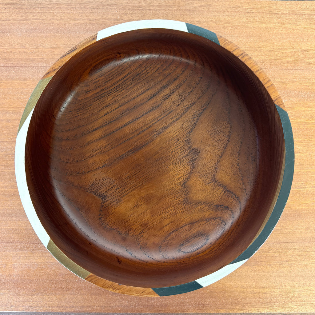 Wooden vintage bowl painted with geometric design in pale green, bronze and dark teal