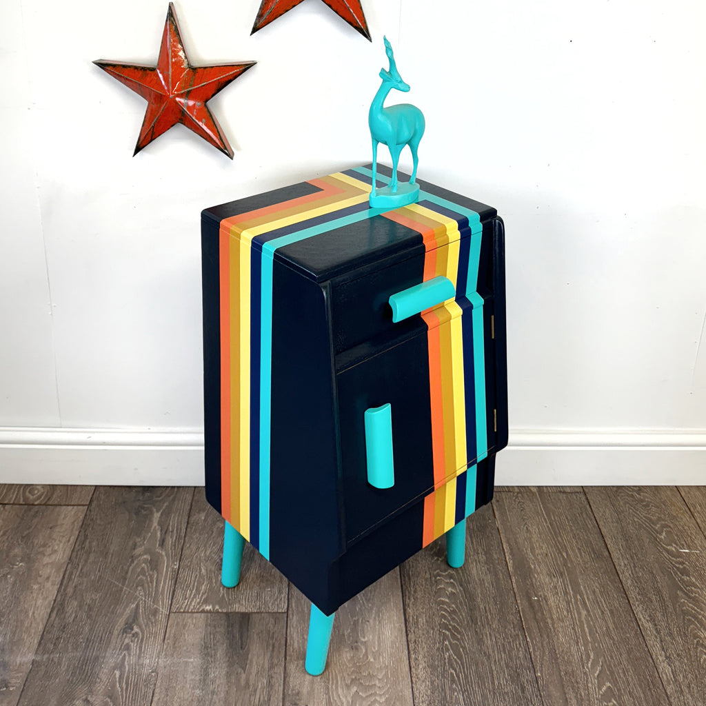 G plan e gomme bedside cabnet painted in navy blue and orange and blue retro stripes