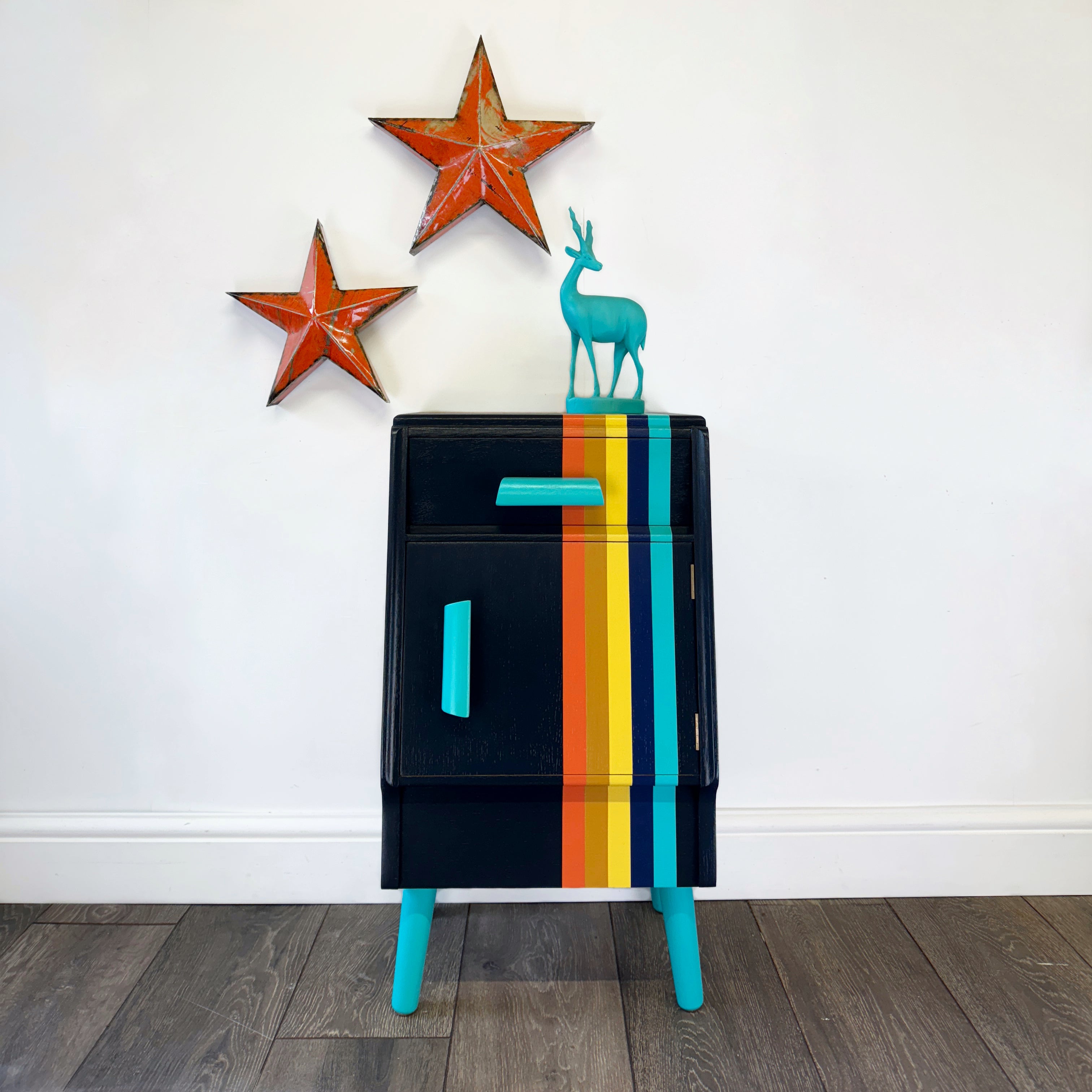 G plan e gomme bedside cabnet painted in navy blue and orange and blue retro stripes