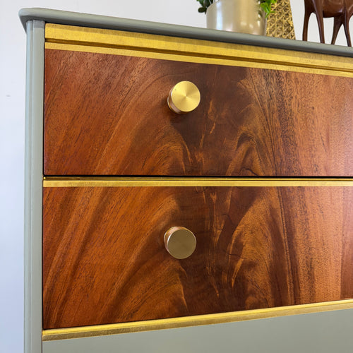 Green Wooden chest of drawers with five drawers and gold handles