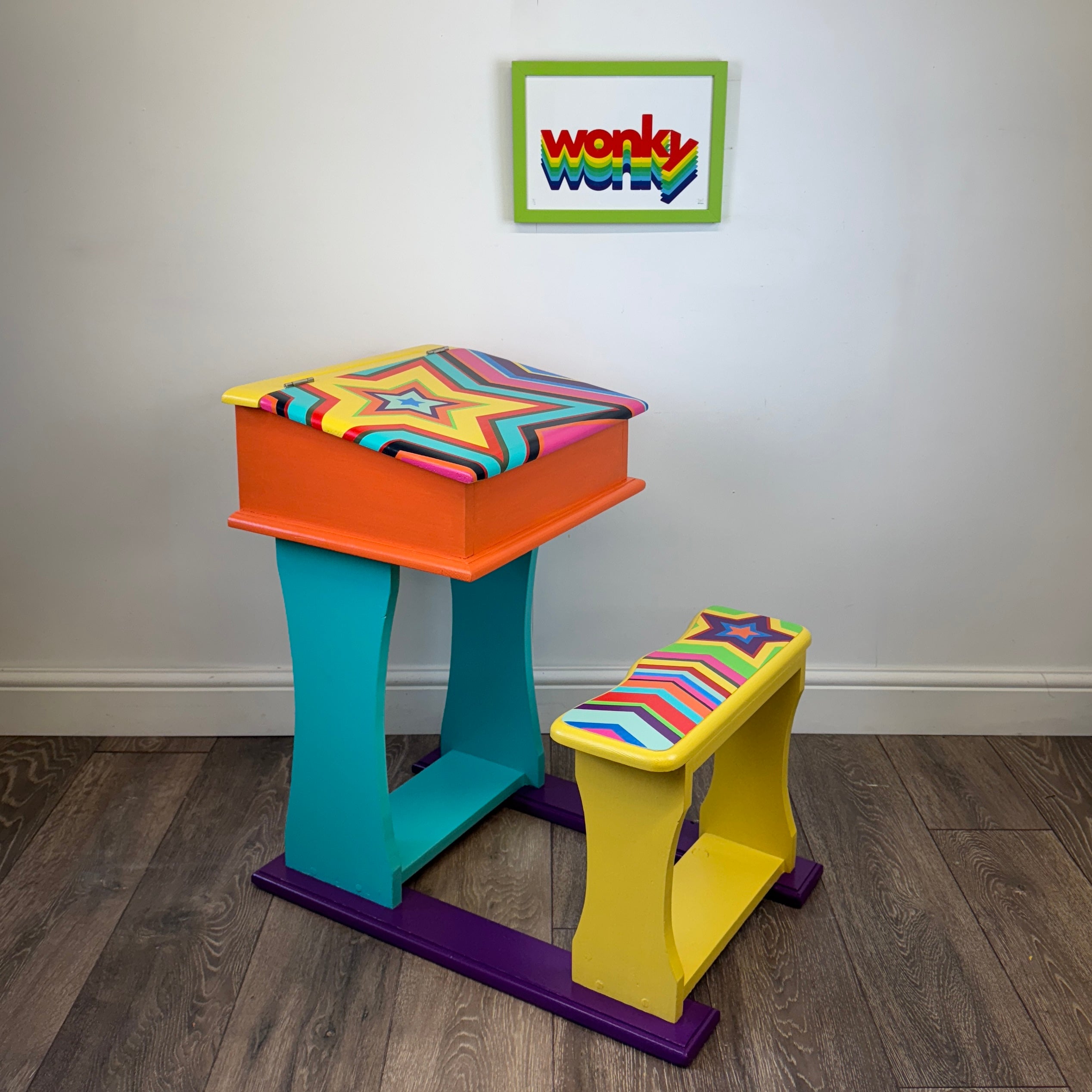 vintage childs desk with handpainted multicoloured star design
