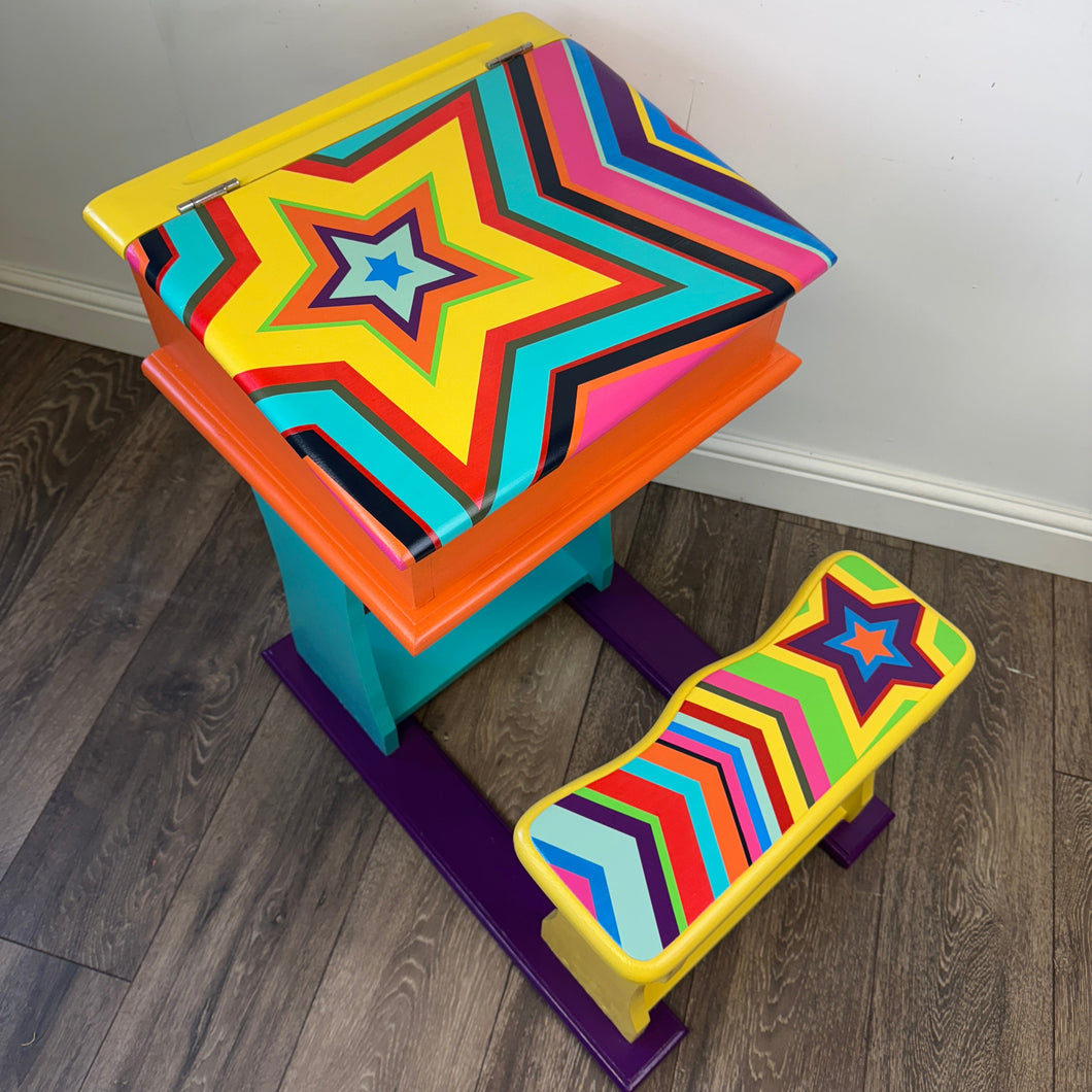 vintage childs desk with handpainted multicoloured star design